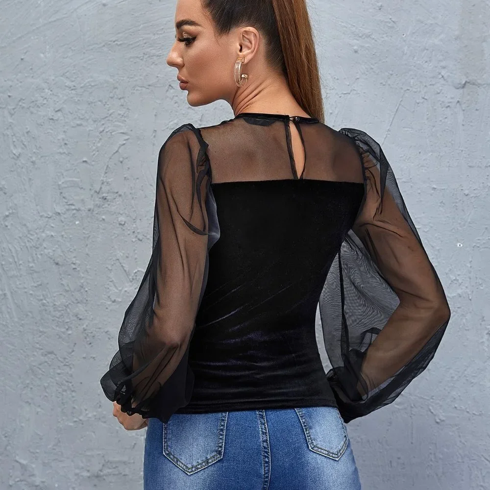Black Preppy Womens Keyhole Back Mesh Lantern Sleeve Top - Picture 2 of 5